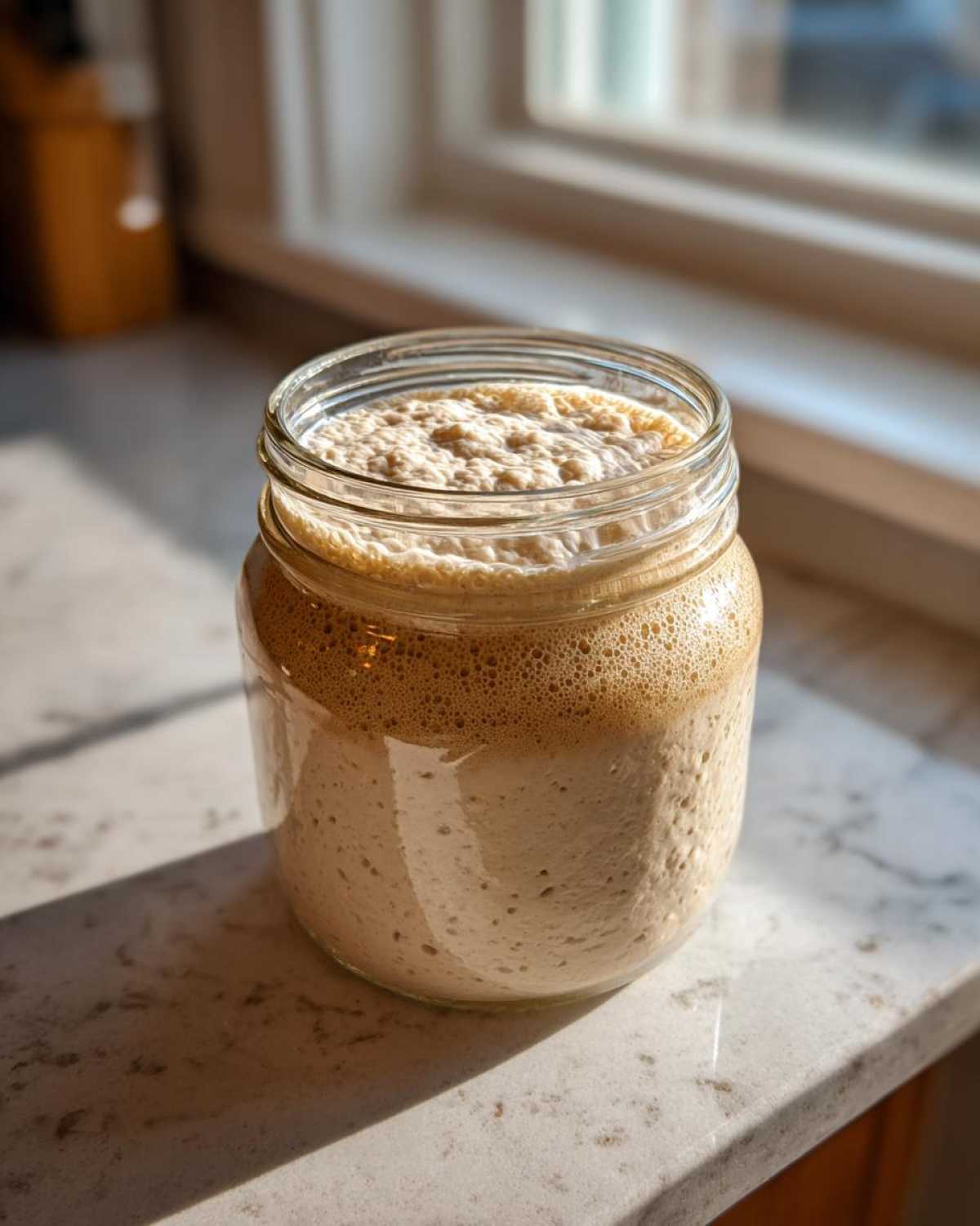 A highly active sourdough starter, full of bubbles and foam, sitting in a glass jar near a sunny window.