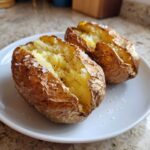 Two perfectly cooked air fryer baked potato halves, split open and sprinkled with coarse salt.
