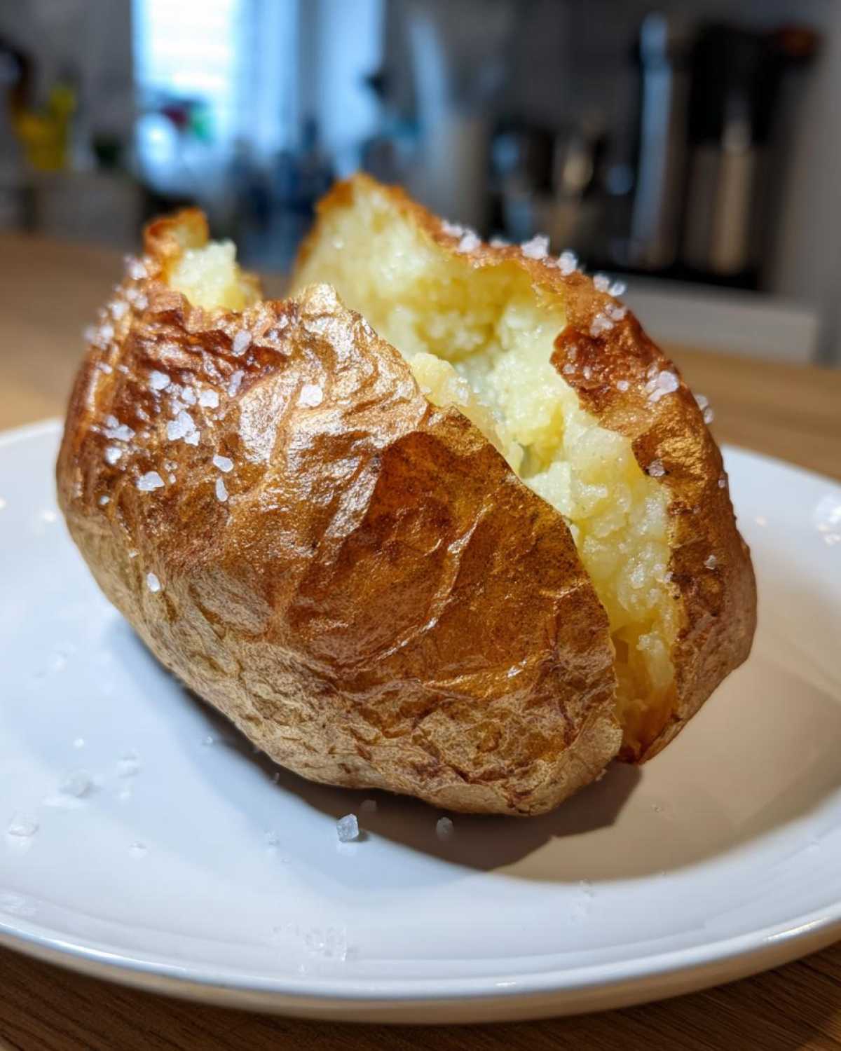 A perfectly cooked air fryer baked potato, split open to show the fluffy interior, topped with coarse sea salt.