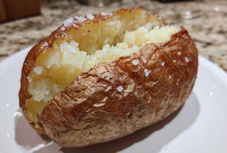 A perfectly cooked air fryer baked potato, split open to show fluffy insides and a crispy, salted skin.