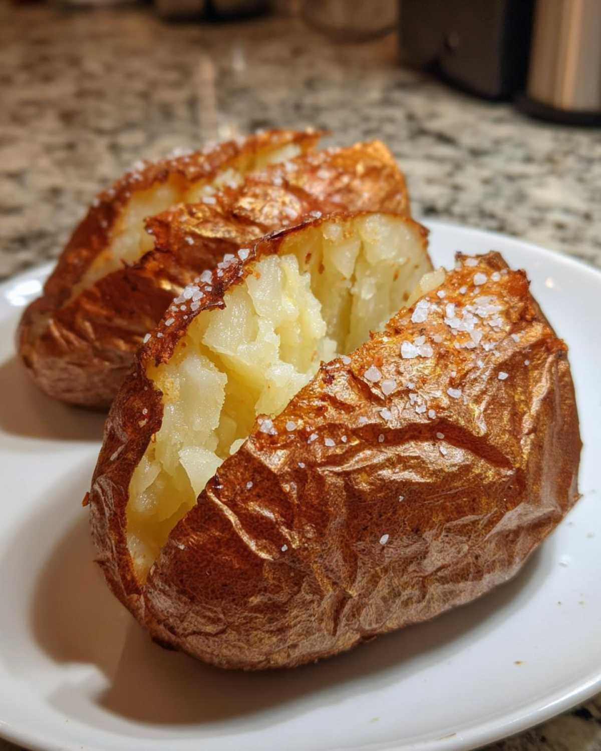 Close-up of two perfectly cooked air fryer baked potato halves, split open and sprinkled with coarse salt.