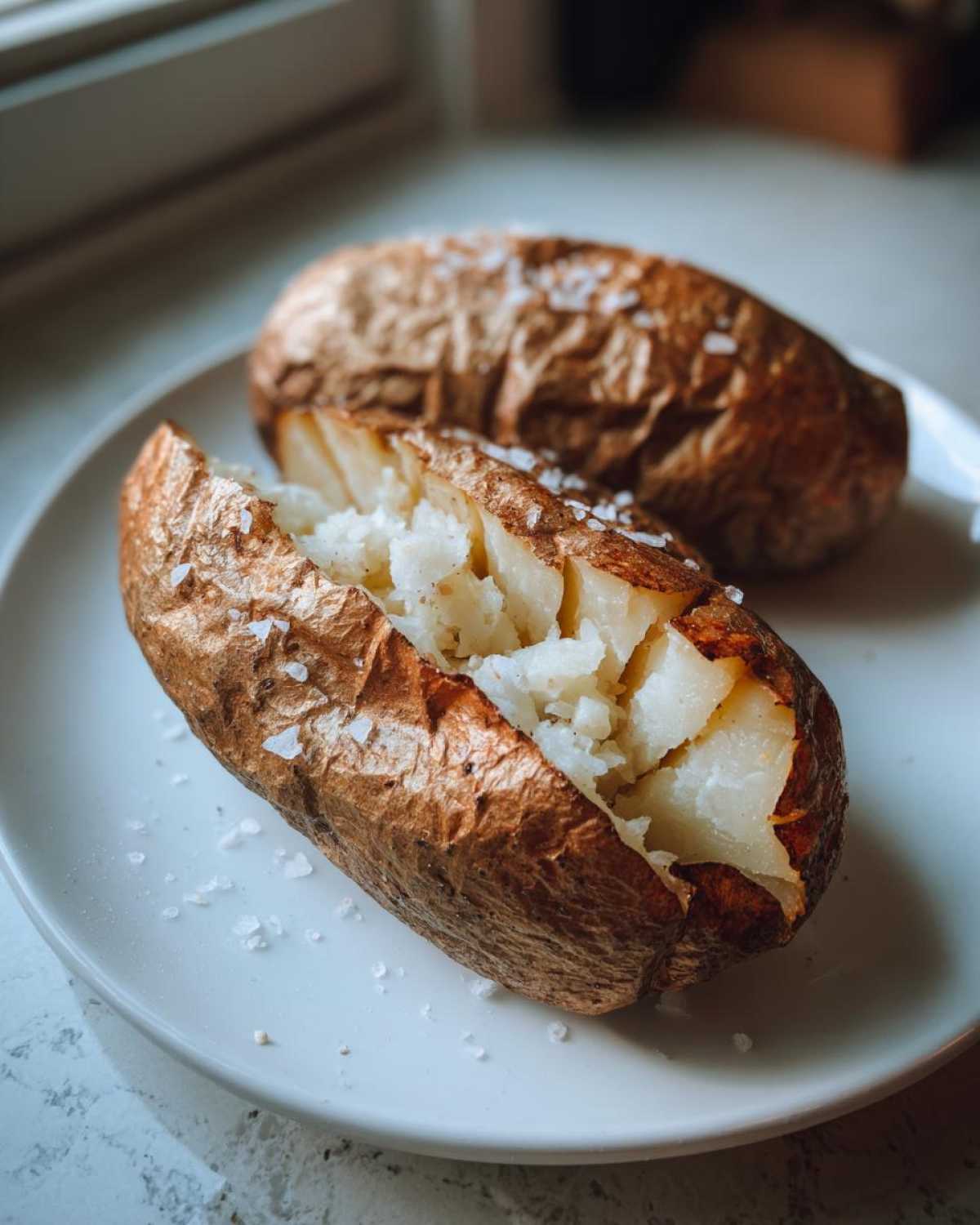 Close-up of a perfectly cooked air fryer baked potato, split open to show fluffy interior and sprinkled with coarse salt.