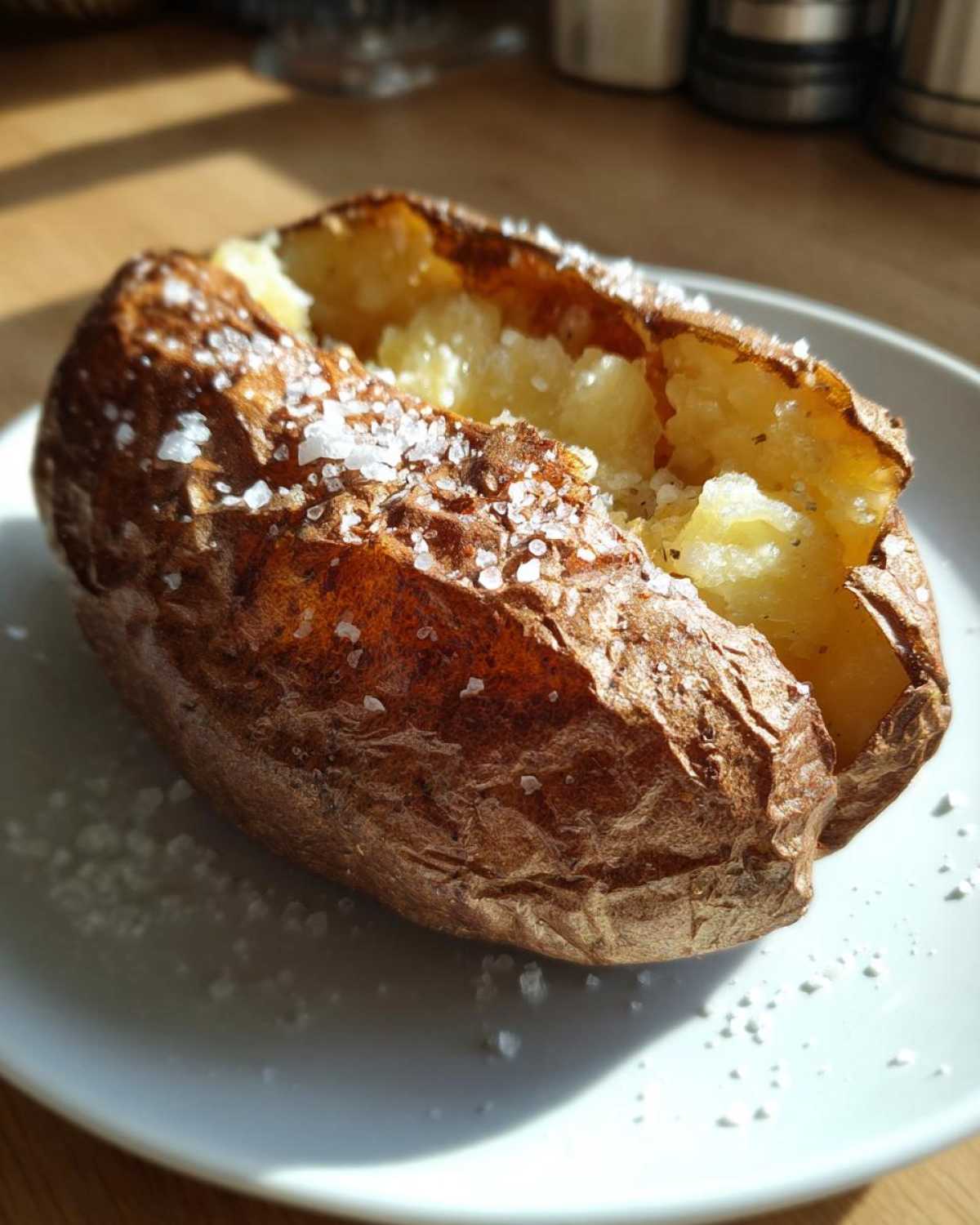 A perfectly cooked air fryer baked potato, split open and topped with coarse sea salt.
