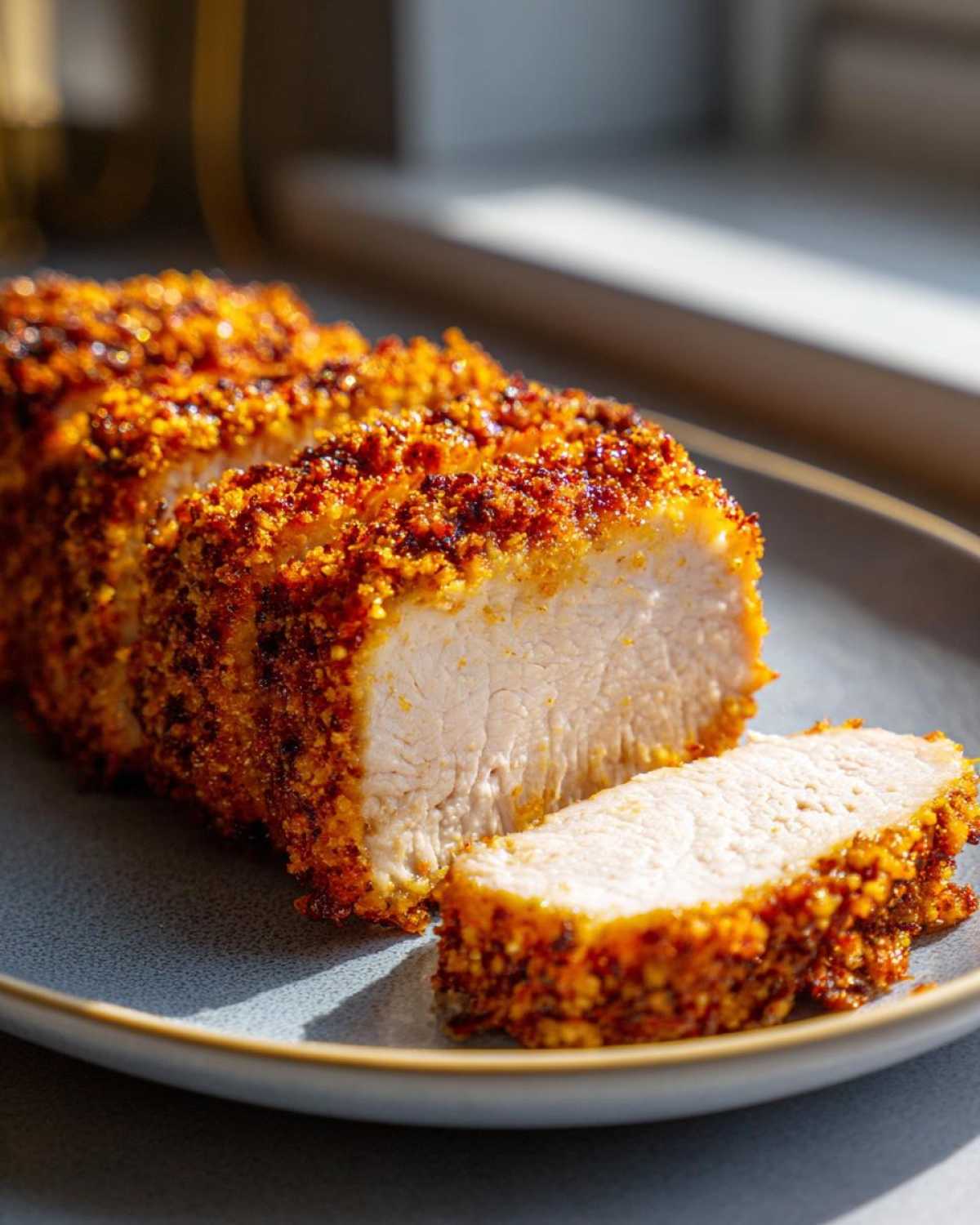 Close-up of perfectly cooked air fryer chicken breast, sliced to show juicy interior and crispy seasoned coating.