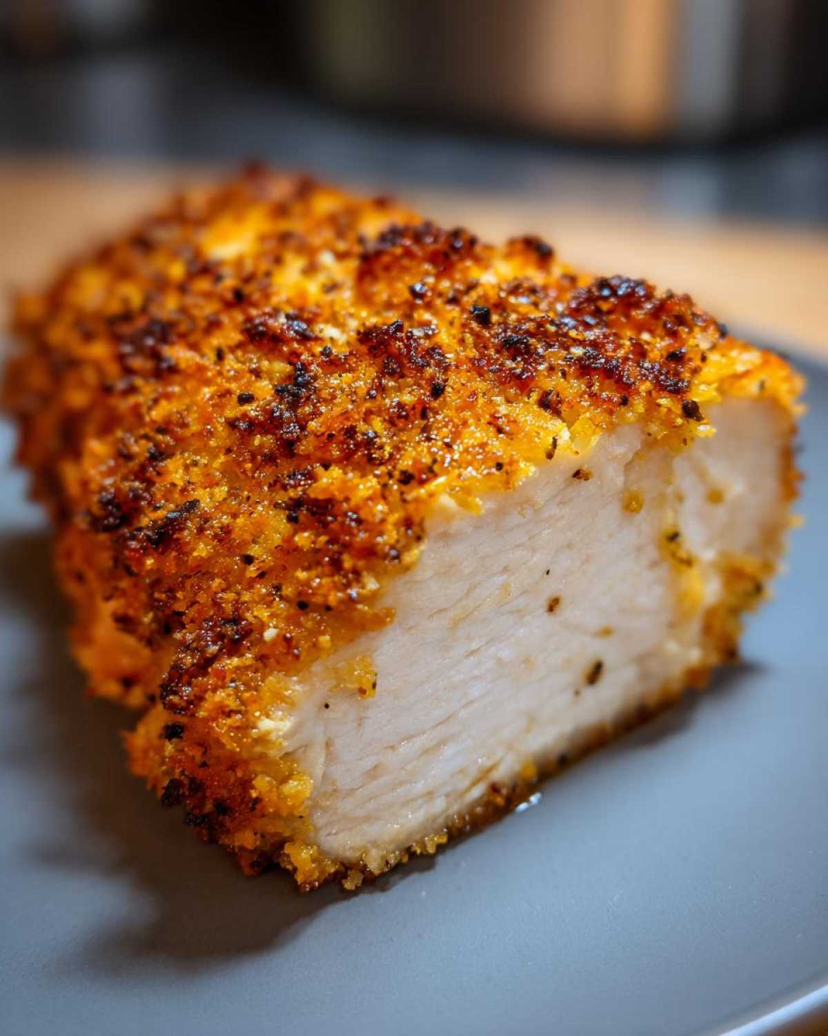 Close-up of a juicy, white air fryer chicken breast cut in half, showing a crispy, seasoned crust.