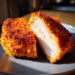 Cross-section of a crispy, golden air fryer chicken breast showing juicy white meat inside.