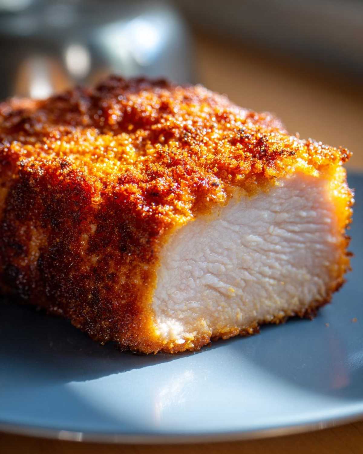 Close-up of a juicy, breaded air fryer chicken breast cut in half, showing white meat and crispy coating.