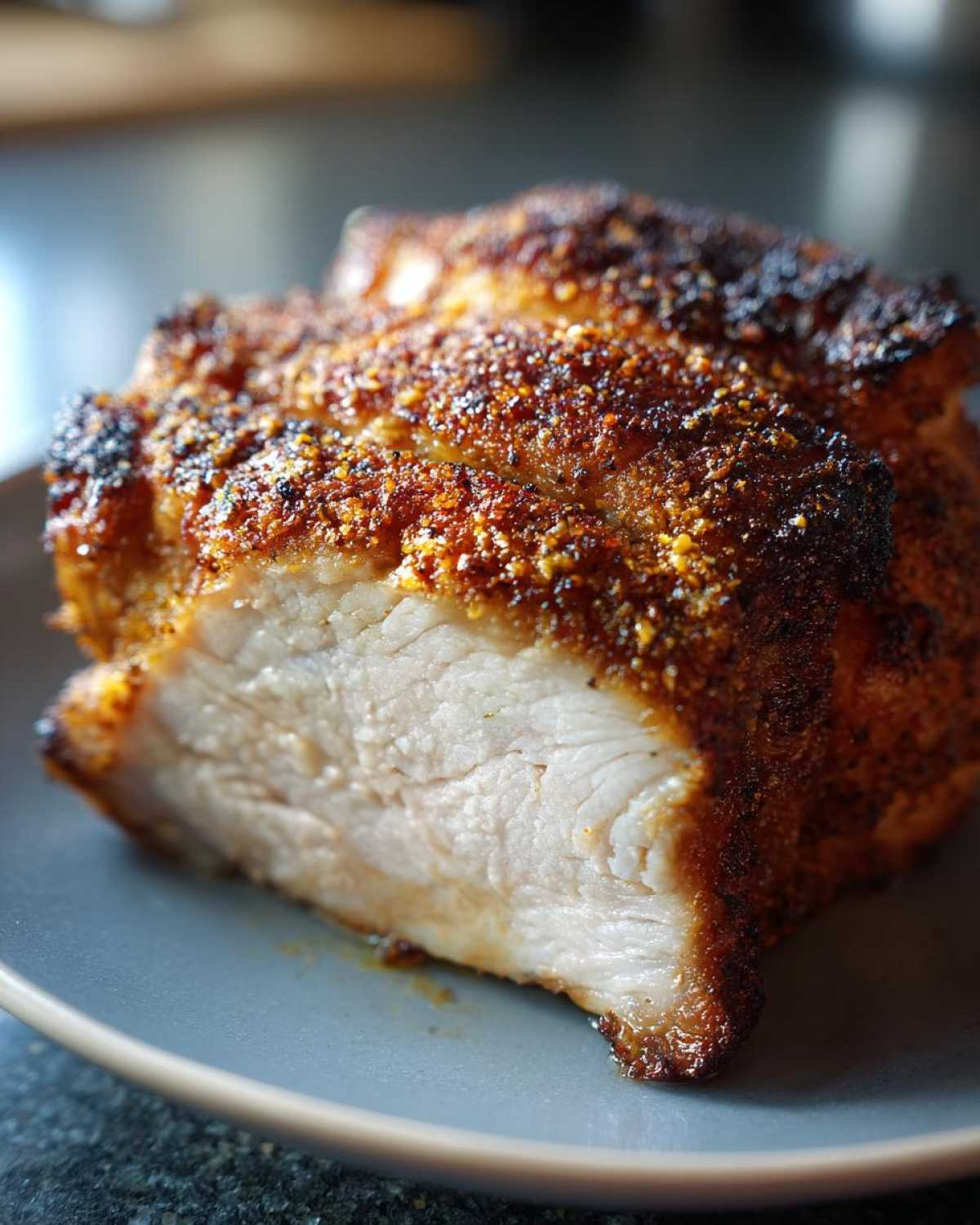 Close-up of a perfectly cooked piece of air fryer chicken showing moist white meat and a heavily seasoned, browned crust.