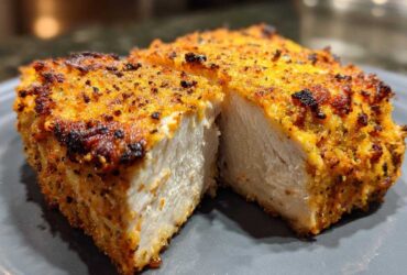 Close-up of a seasoned, crispy air fryer chicken breast cut in half showing juicy white meat inside.