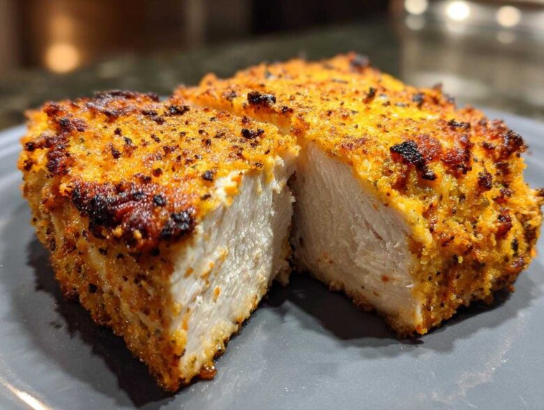 Close-up of a seasoned, crispy air fryer chicken breast cut in half showing juicy white meat inside.