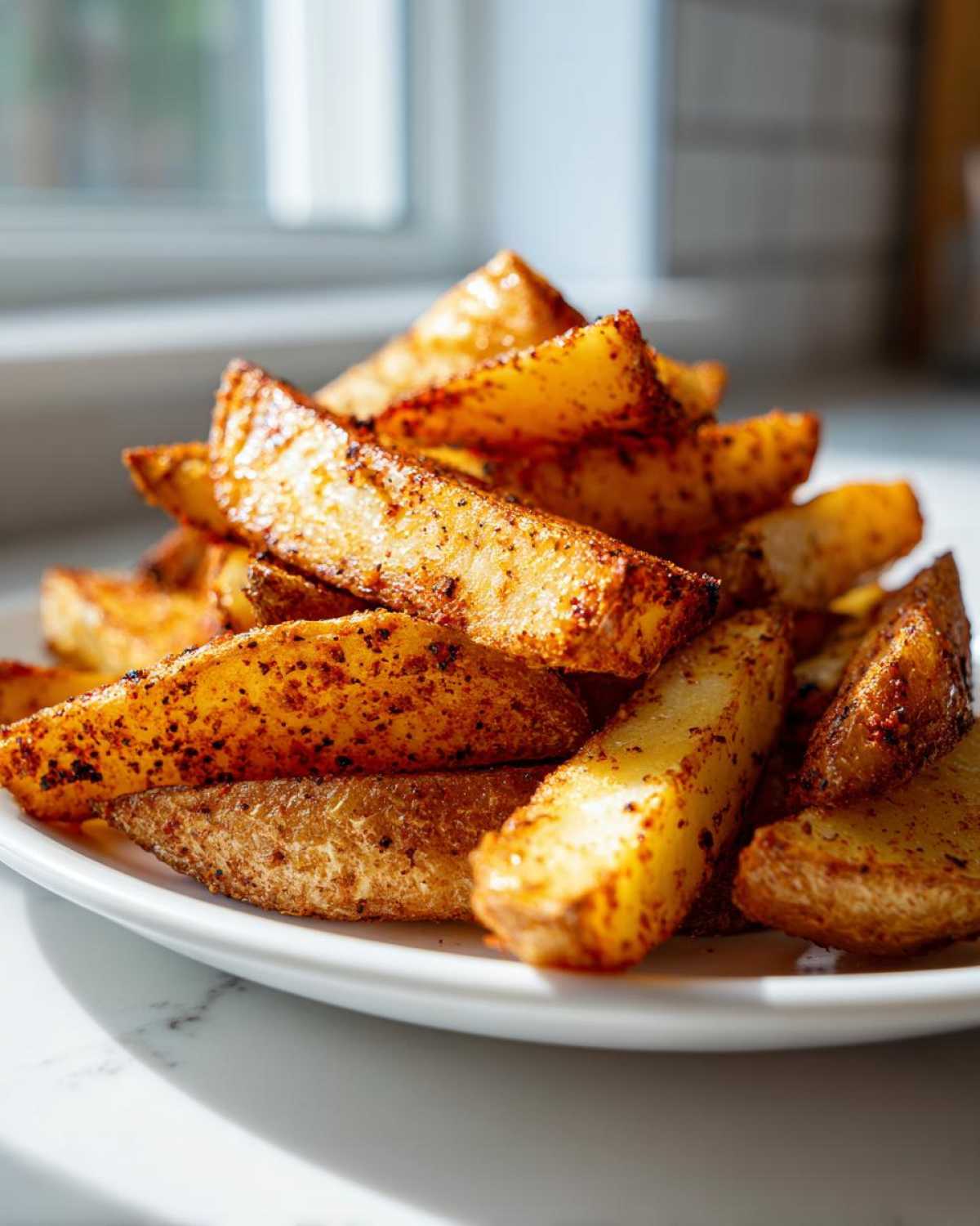 A close-up of a pile of golden, seasoned air fryer potato wedges stacked on a white plate.