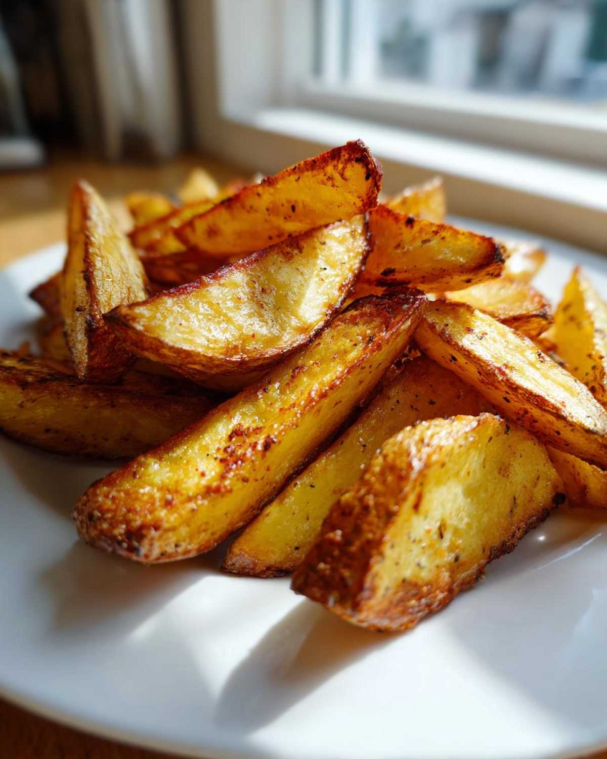 A close-up of golden brown, seasoned air fryer potato wedges piled high on a white plate near a window.