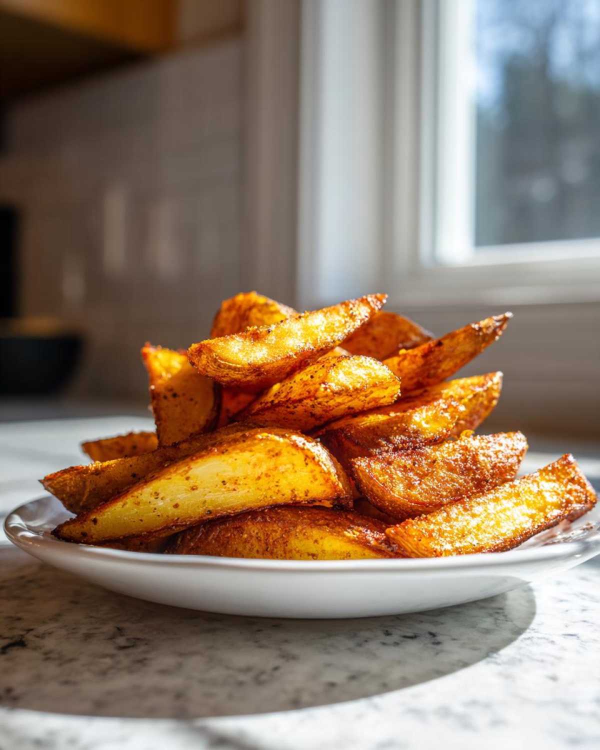 A generous pile of golden brown, seasoned air fryer potato wedges served on a white plate.