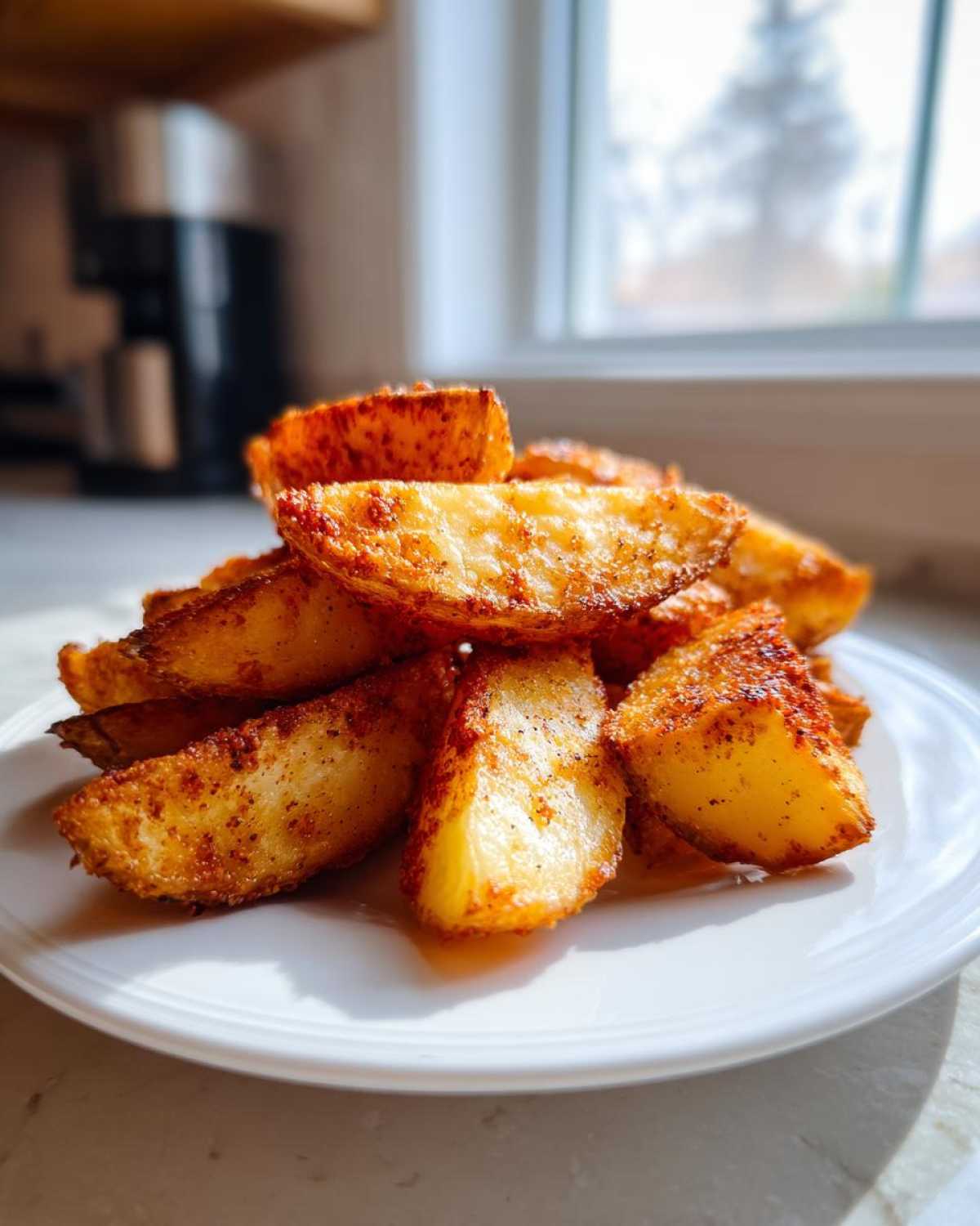 A close-up of golden brown, seasoned air fryer potato wedges piled high on a white plate.