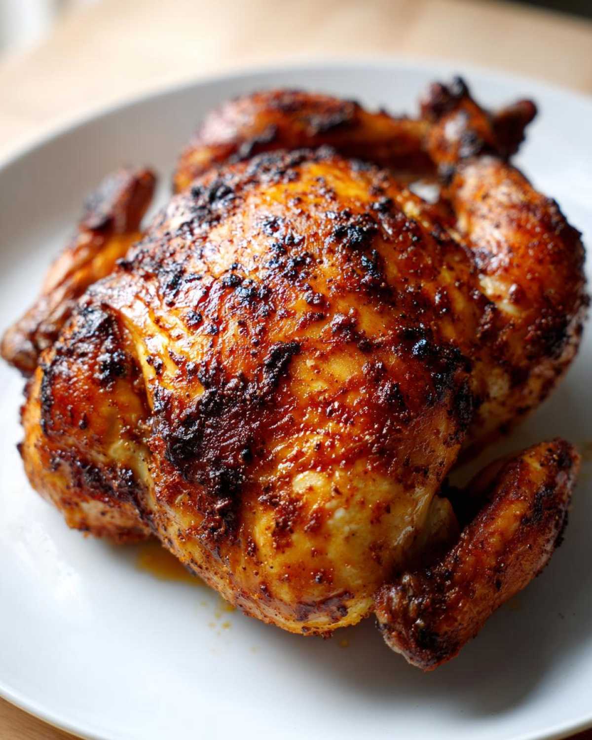 A beautifully roasted air fryer whole chicken with crispy, seasoned skin resting on a white plate.
