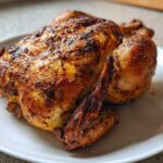 A perfectly cooked, crispy-skinned air fryer whole chicken resting on a white serving plate.