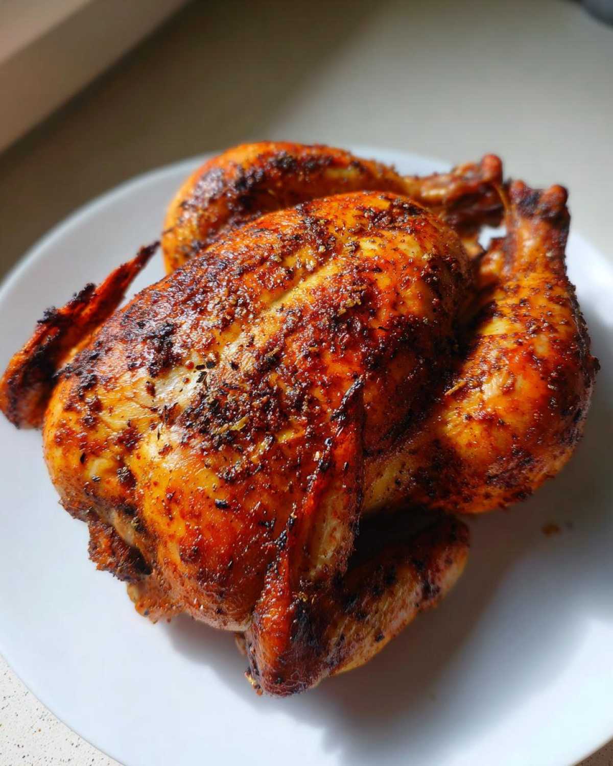 A whole roasted chicken with crispy, seasoned skin resting on a white plate, made using an air fryer whole chicken recipe.