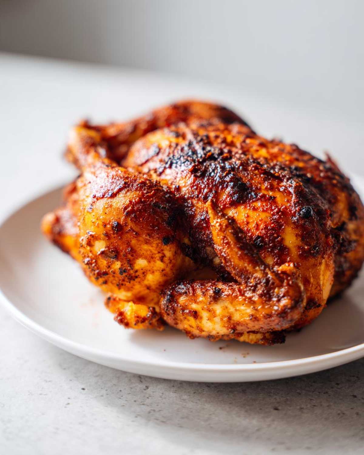 A crispy, seasoned air fryer whole chicken resting on a white plate, ready to serve.
