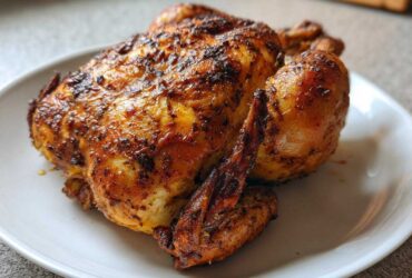 A perfectly cooked, crispy-skinned air fryer whole chicken resting on a white serving plate.