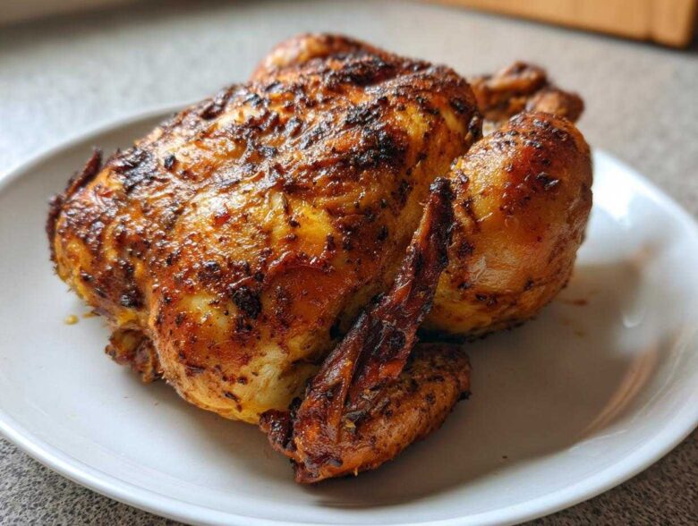 A perfectly cooked, crispy-skinned air fryer whole chicken resting on a white serving plate.