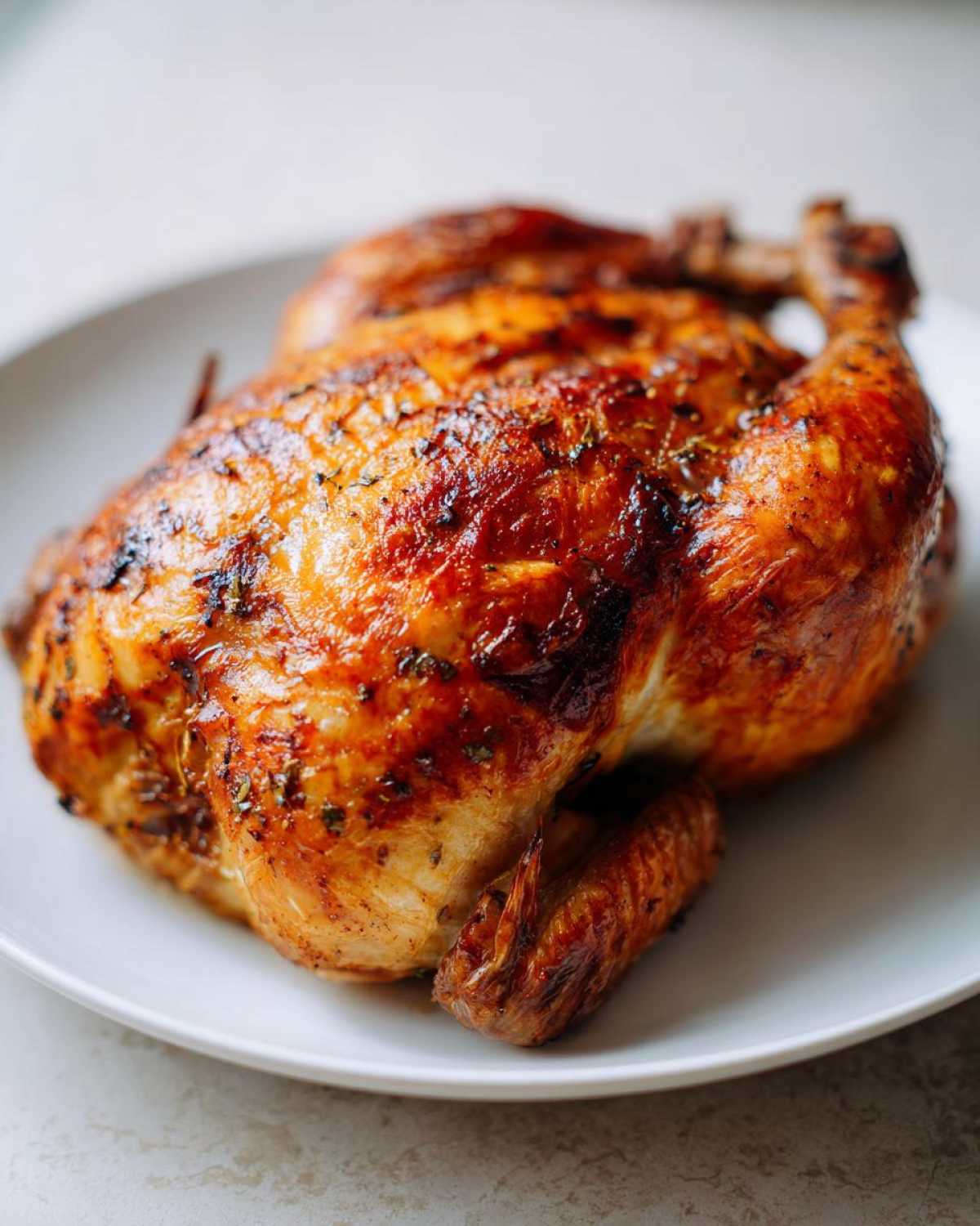 A beautifully browned and crispy air fryer whole chicken resting on a white plate.