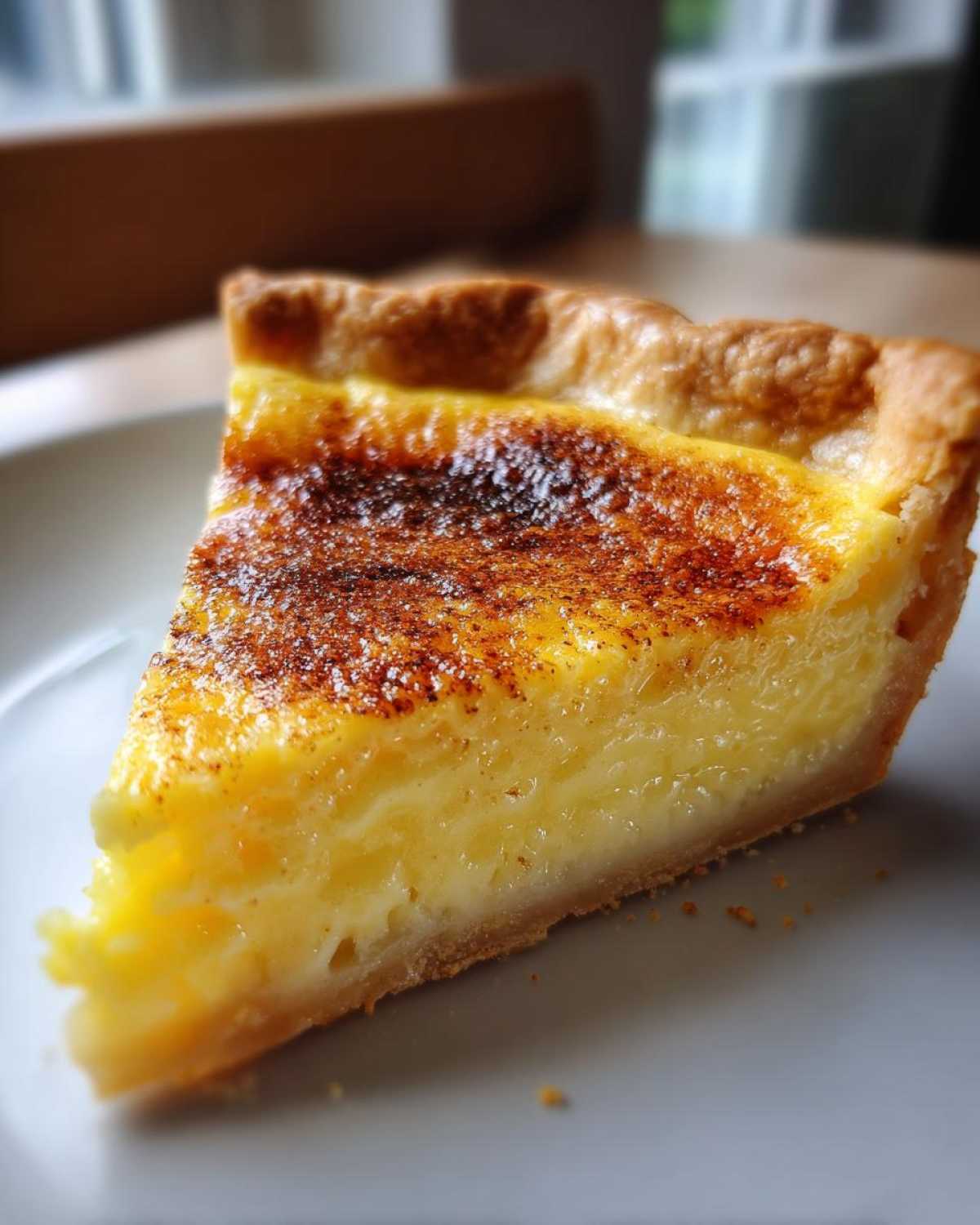 A close-up of a slice of rich, yellow egg custard tart with a beautifully browned, sprinkled top.