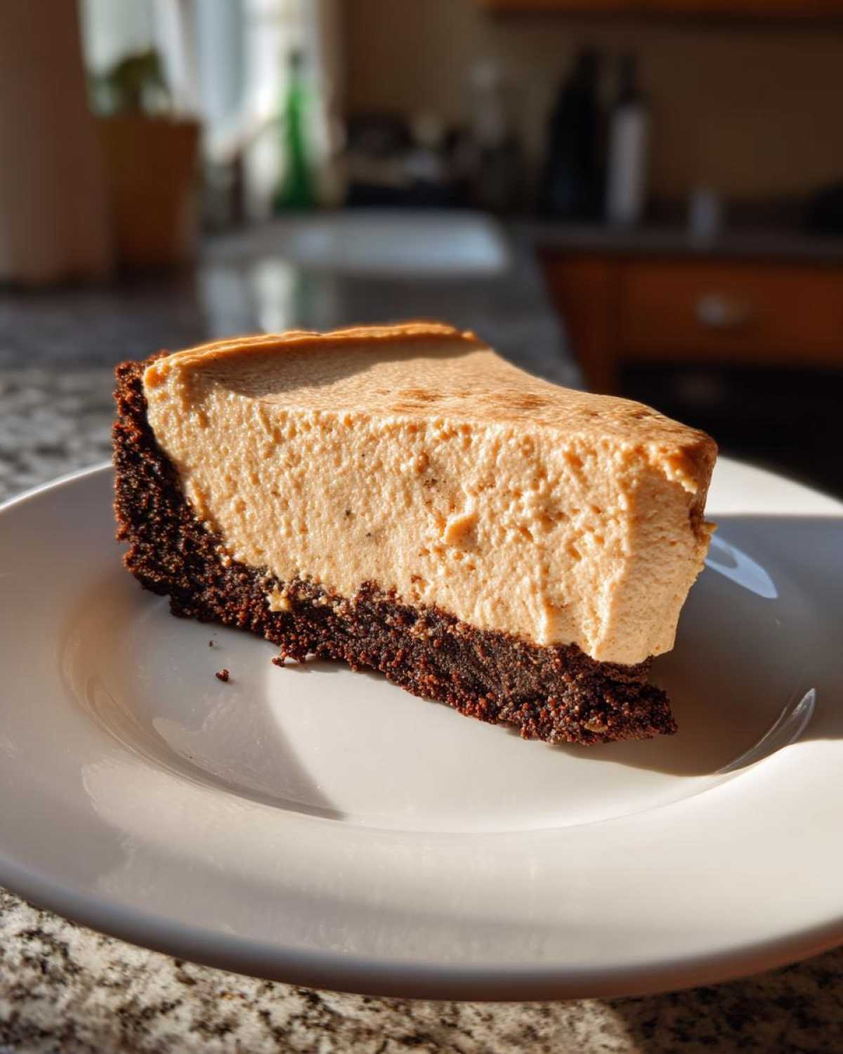 A thick slice of no-bake peanut butter pie with a dark chocolate crust resting on a white plate.