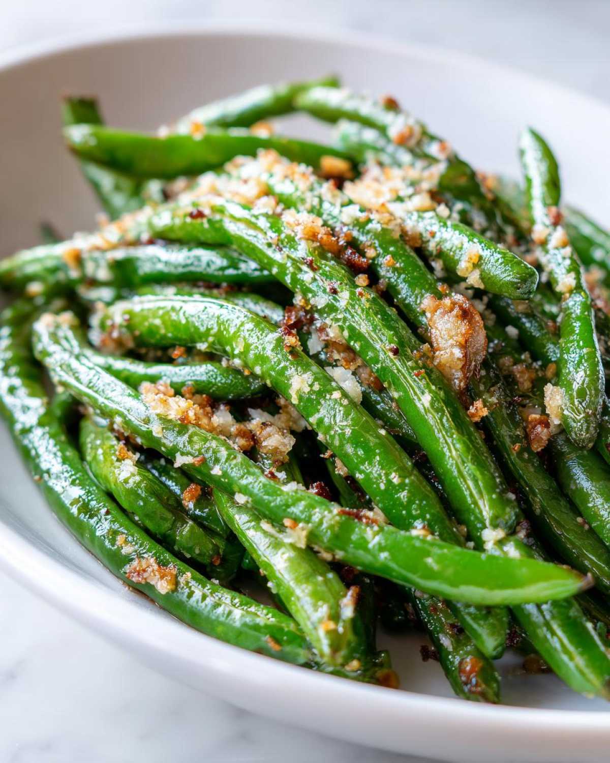 Close-up of bright green beans topped with crispy breadcrumbs and seasoning, ready to serve.