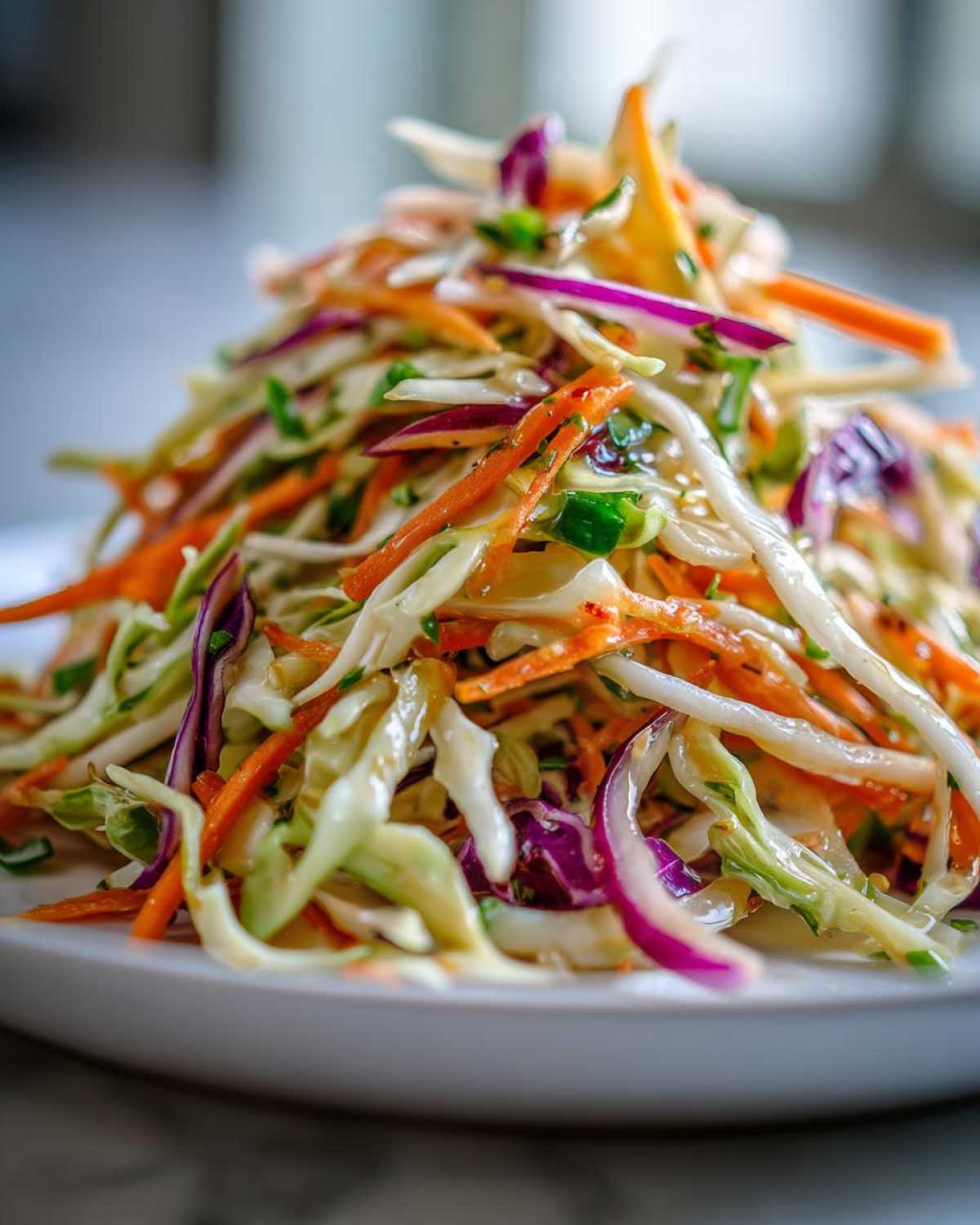 Close-up of a mound of fresh, colorful cabbage salad featuring shredded green cabbage, red cabbage, and carrots.