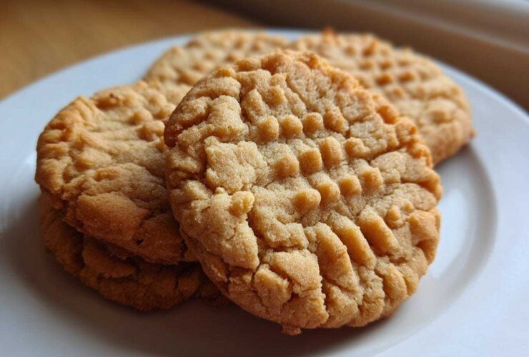 Close-up of several golden-brown peanut butter cookies with classic crosshatch fork marks stacked on a white plate.