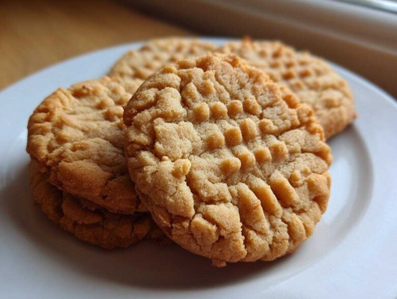 Close-up of several golden-brown peanut butter cookies with classic crosshatch fork marks stacked on a white plate.