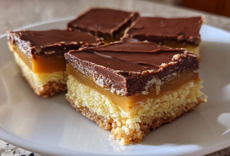 Four squares of Amazing 3-Layer twix Bars showing the shortbread base, caramel layer, and chocolate topping.