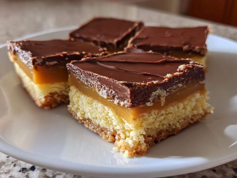 Four squares of Amazing 3-Layer twix Bars showing the shortbread base, caramel layer, and chocolate topping.