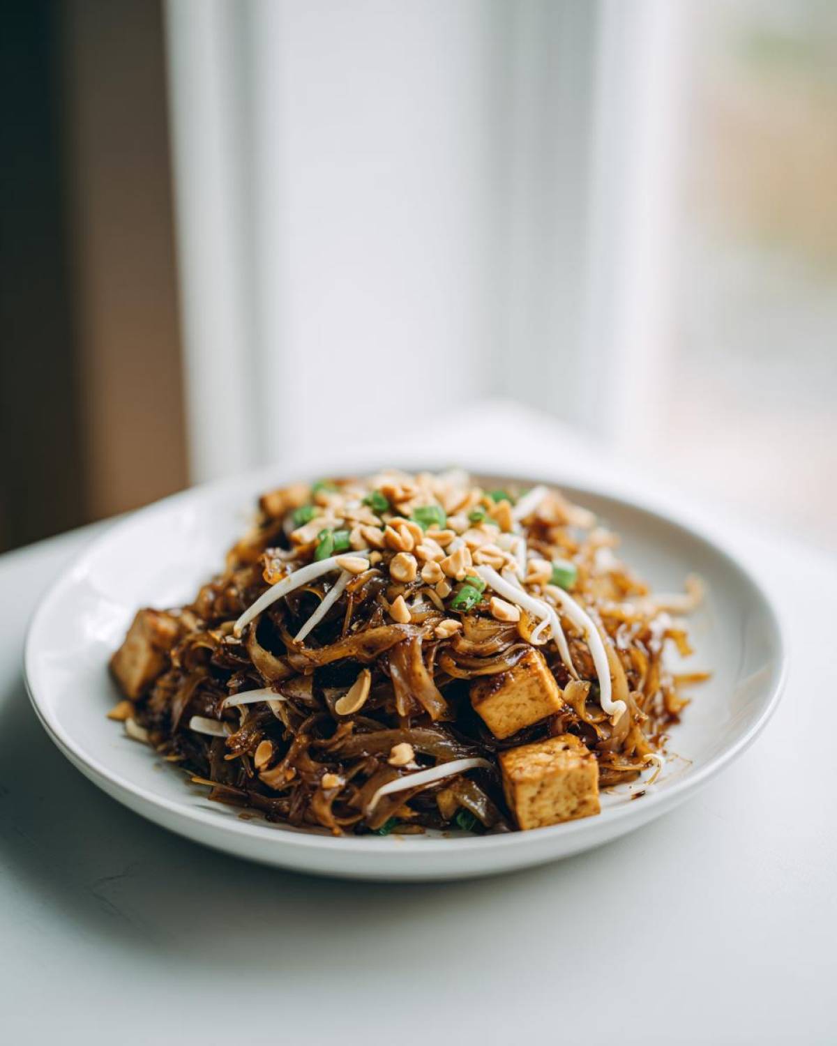 A close-up of a white bowl filled with dark brown Pad Thai noodles, tofu cubes, bean sprouts, and crushed peanuts.