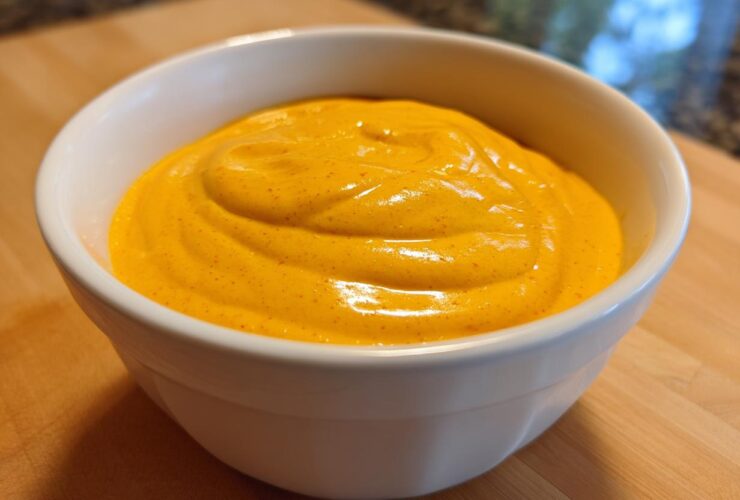 A close-up of thick, vibrant orange homemade nacho cheese sauce served in a small white bowl.