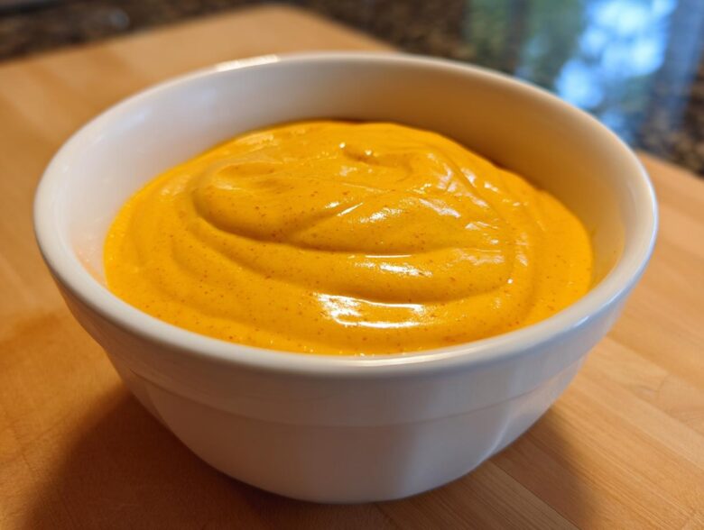 A close-up of thick, vibrant orange homemade nacho cheese sauce served in a small white bowl.