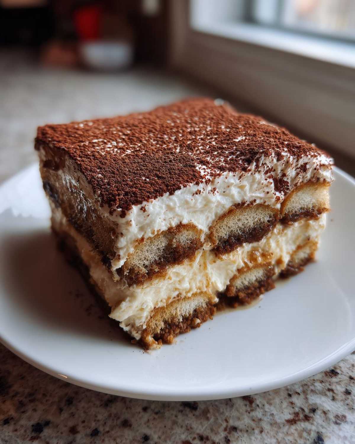 A perfect square slice of tiramisu recipe layered with ladyfingers and cream, dusted heavily with cocoa powder.