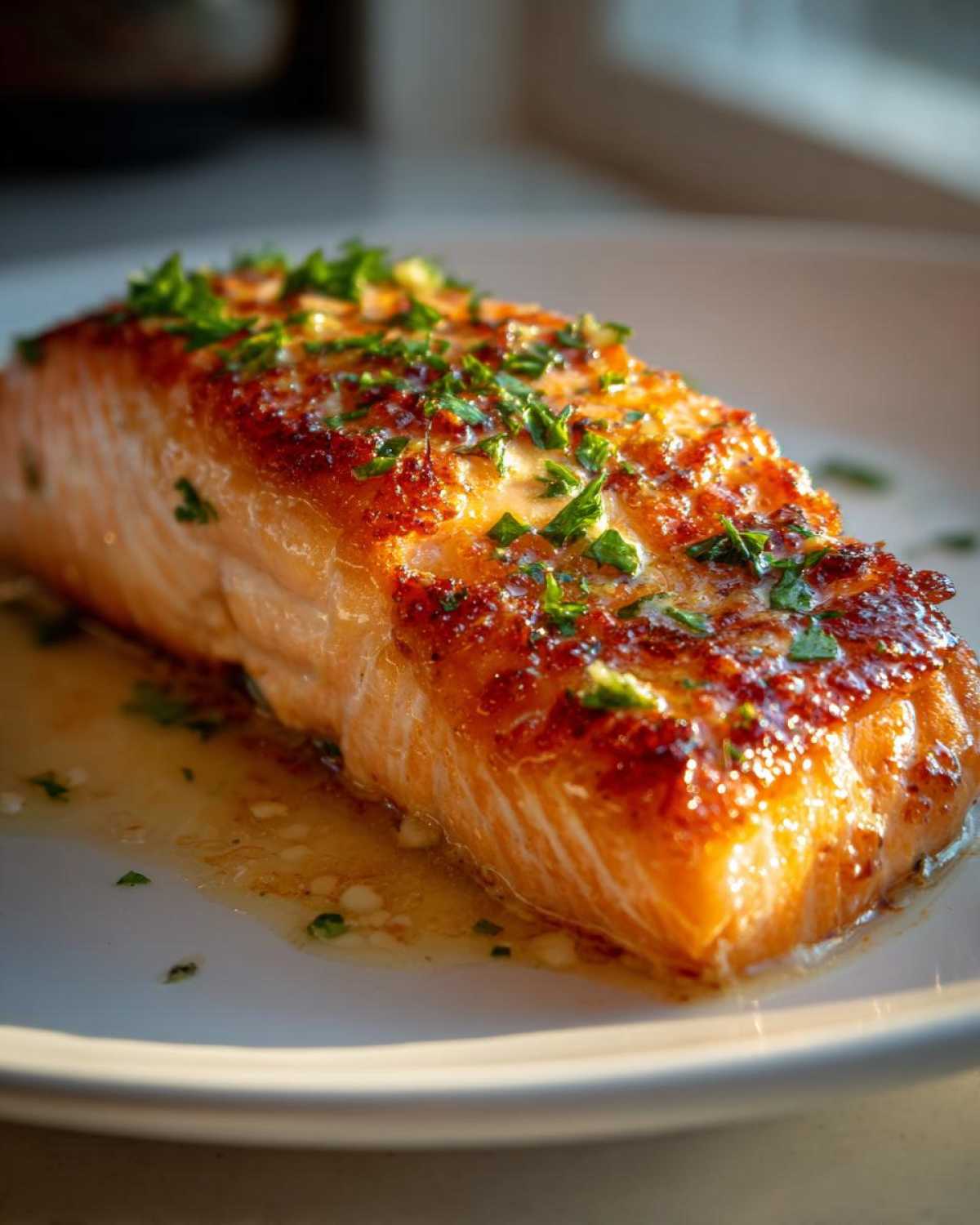 Close-up of a perfectly cooked, juicy air fryer salmon fillet topped with fresh parsley and garlic butter.