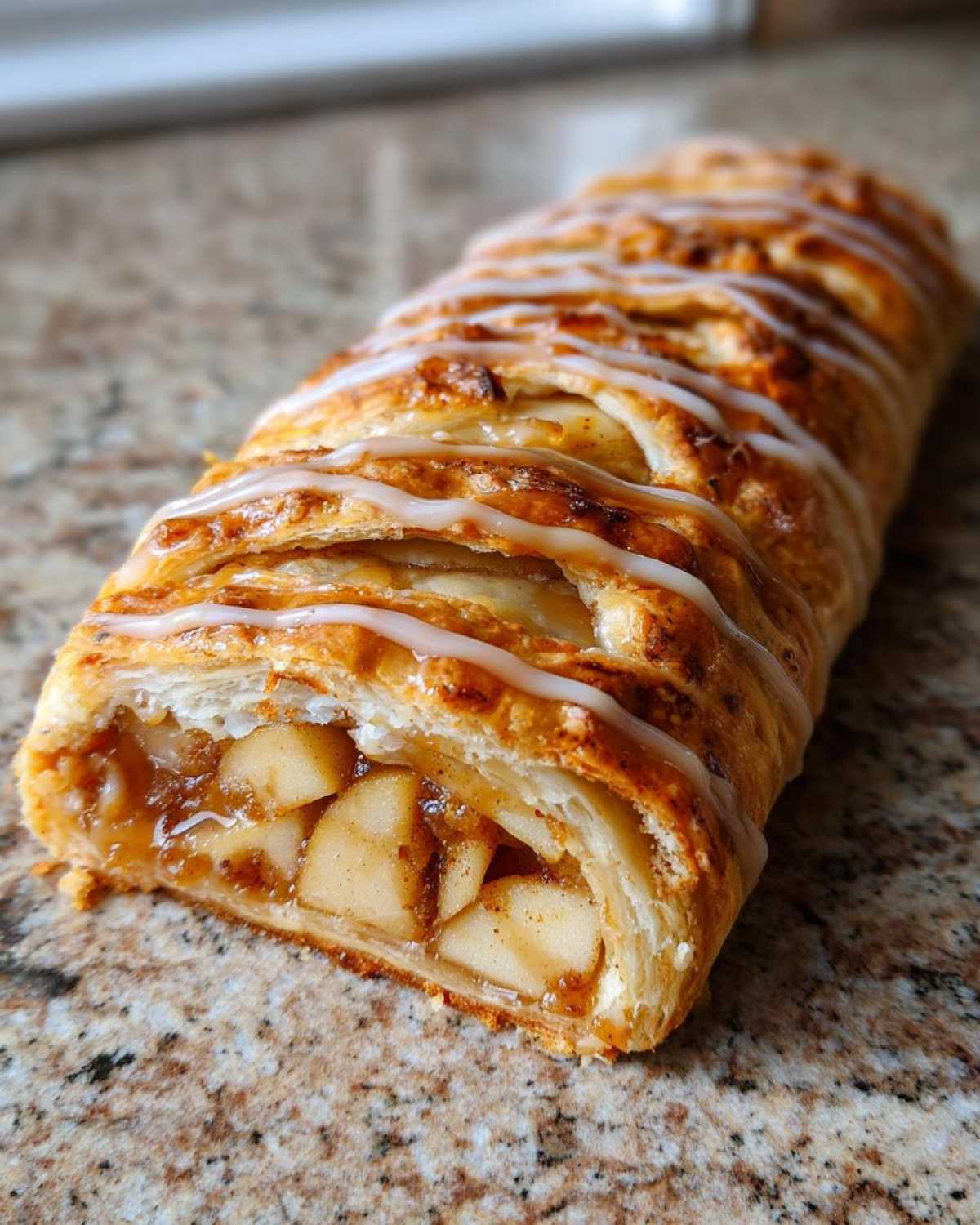 Close-up of a freshly baked apple strudel, showing flaky pastry and chunky cinnamon apple filling, drizzled with white icing.