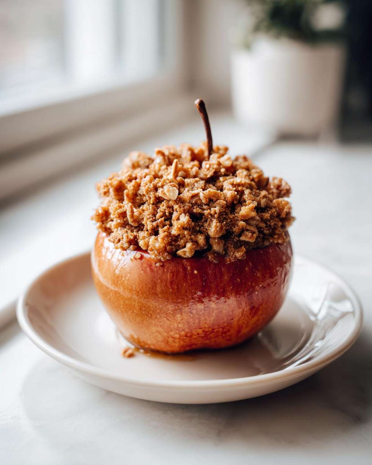 A single, glossy baked apple topped high with brown sugar crumble, served on a small white plate.