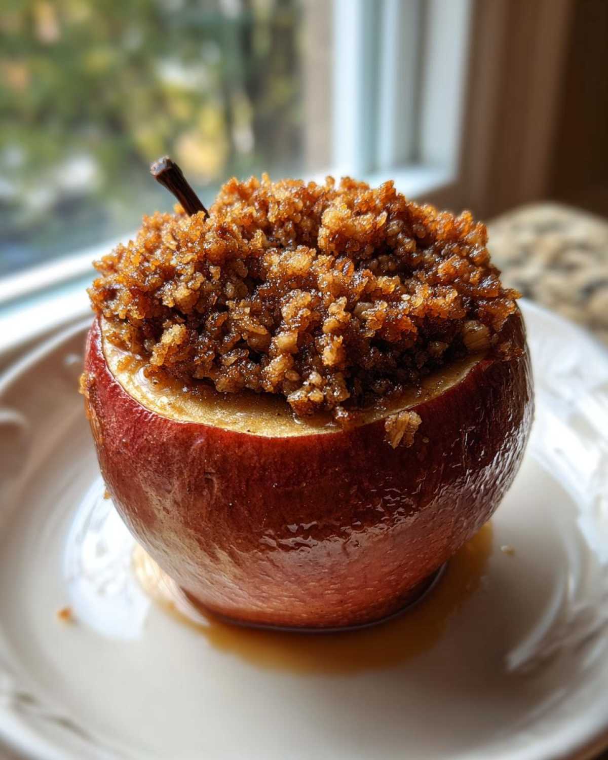 A single, glossy baked apple topped with a generous mound of brown sugar crumble, sitting in syrup.