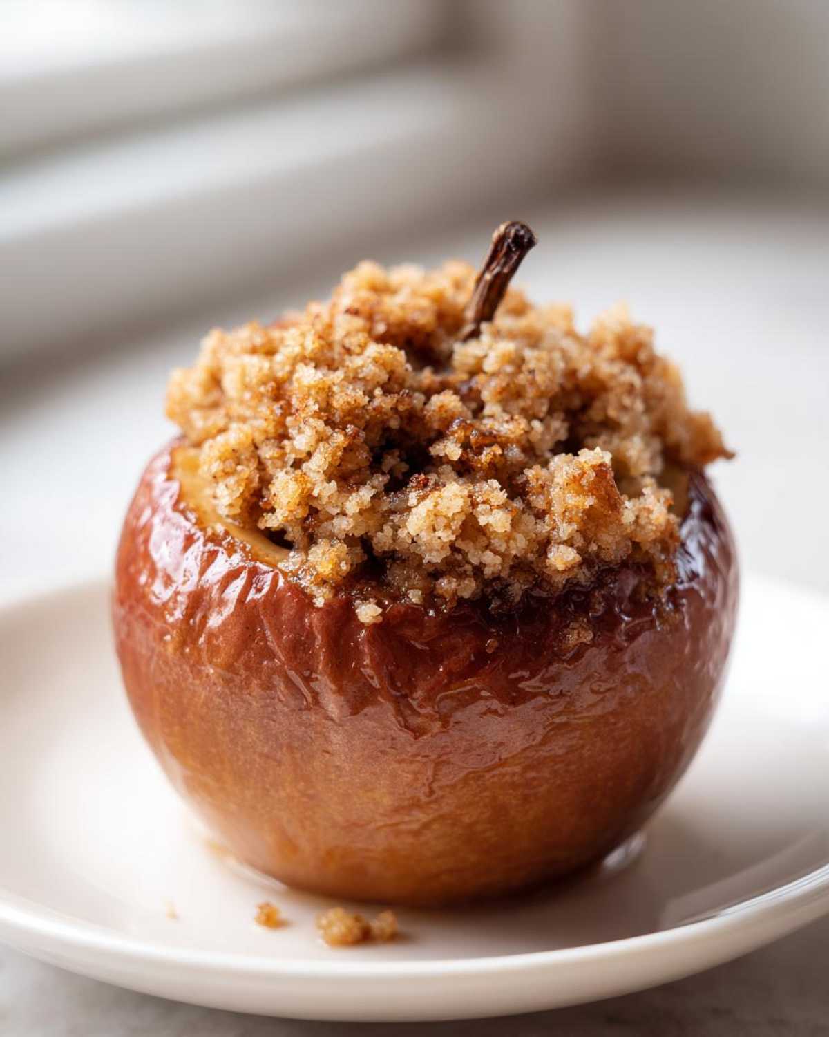 Close-up of a glistening baked apple topped generously with brown sugar crumble.