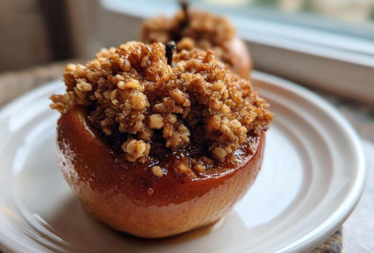 A close-up of a glistening, caramelized baked apple topped generously with a brown sugar and oat crumble.