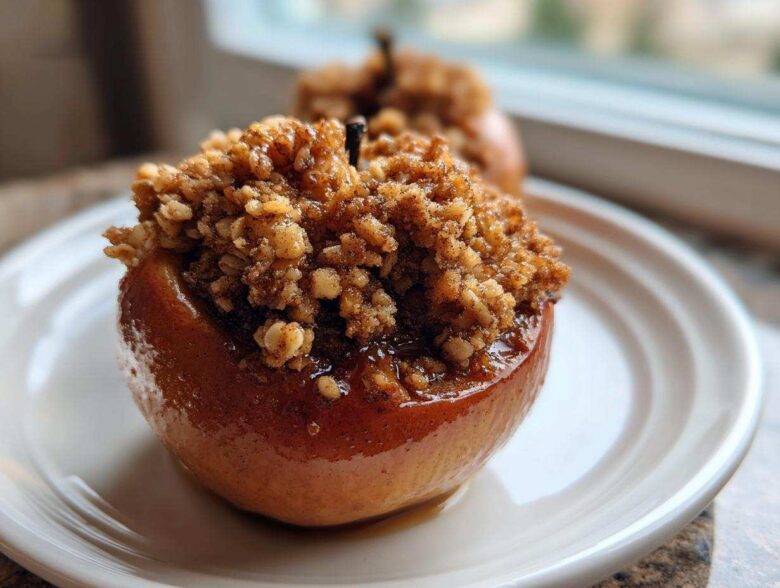 A close-up of a glistening, caramelized baked apple topped generously with a brown sugar and oat crumble.