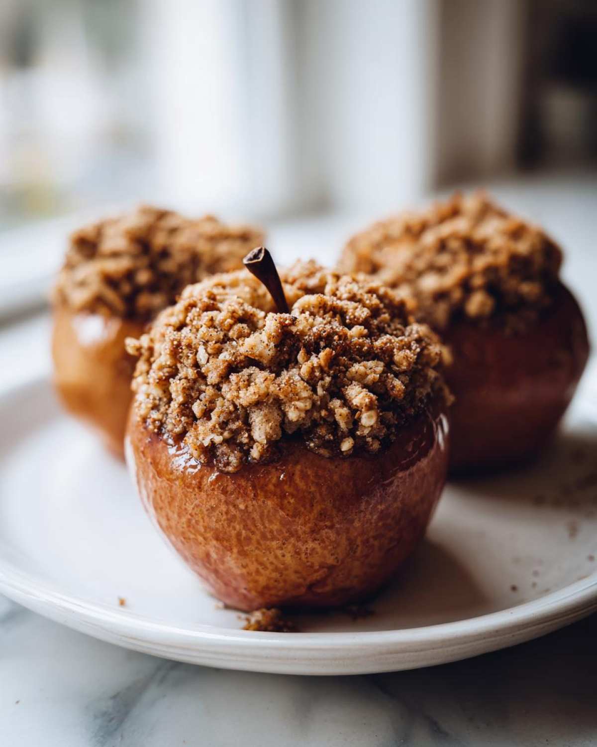 Close-up of a perfectly glazed baked apple topped generously with brown sugar crumble topping.