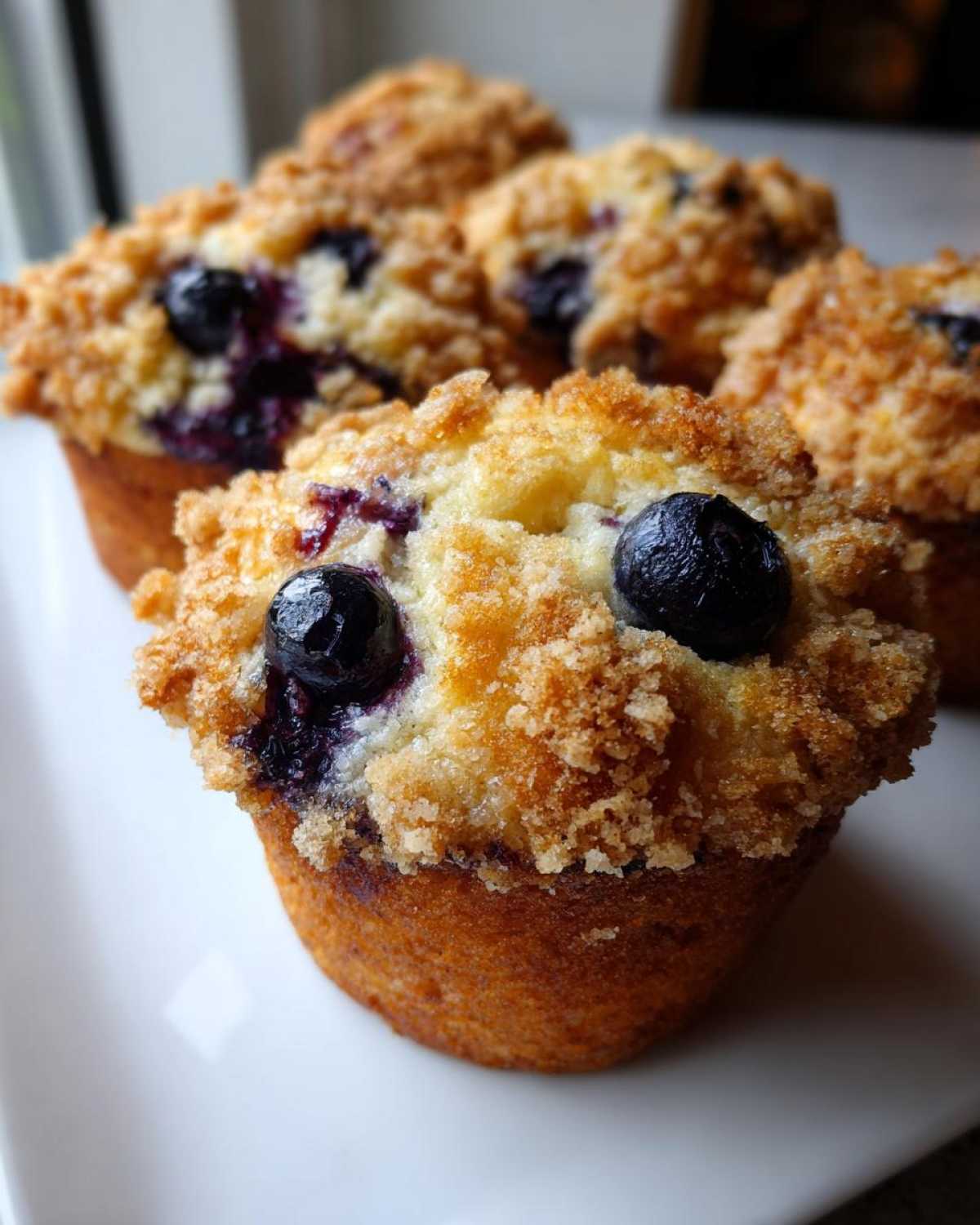 Close-up of freshly baked blueberry muffins topped with golden streusel and whole blueberries.