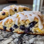 Close-up of a freshly baked blueberry scone, drizzled with white glaze, showing a flaky texture and burst blueberries.