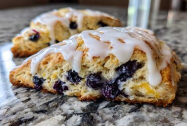 Close-up of a freshly baked blueberry scone, drizzled with white glaze, showing a flaky texture and burst blueberries.