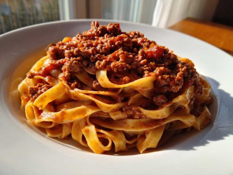 Close-up of rich, meaty bolognese sauce generously spooned over a nest of fresh tagliatelle pasta.