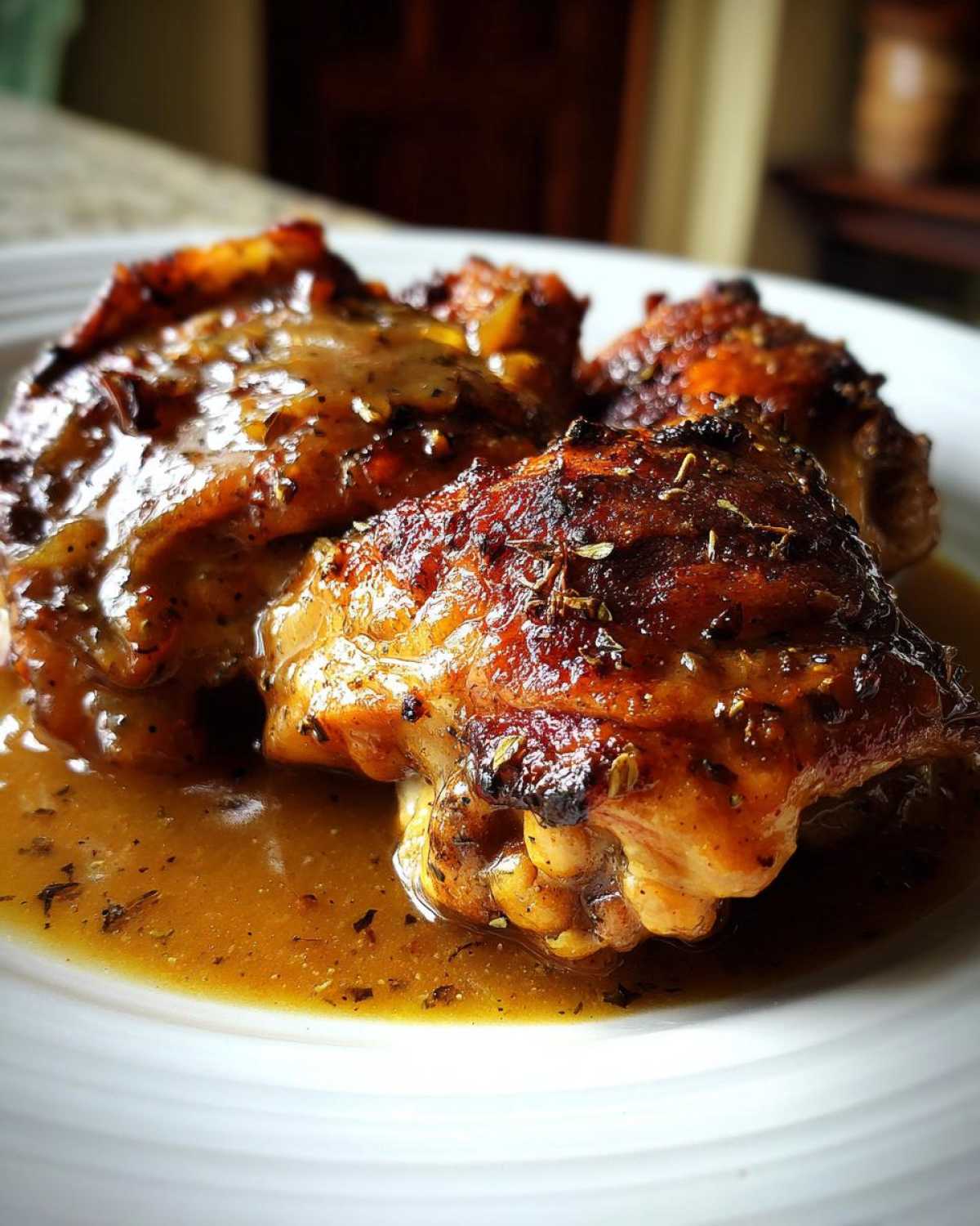 Close-up of three juicy, seared braised chicken thighs covered in a rich, savory brown sauce on a white plate.